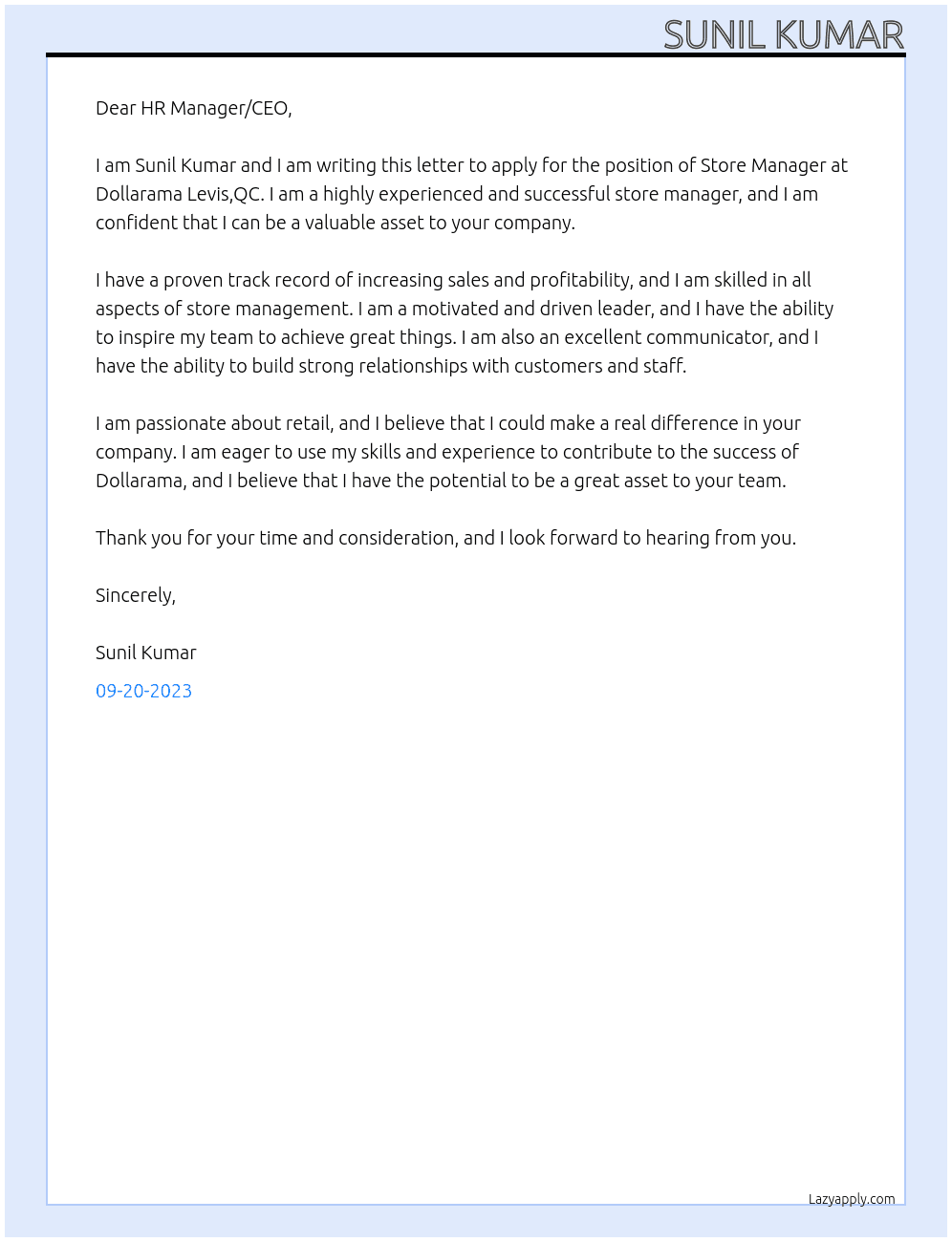 Store manager At Dollarama Levis,QC Cover Letter