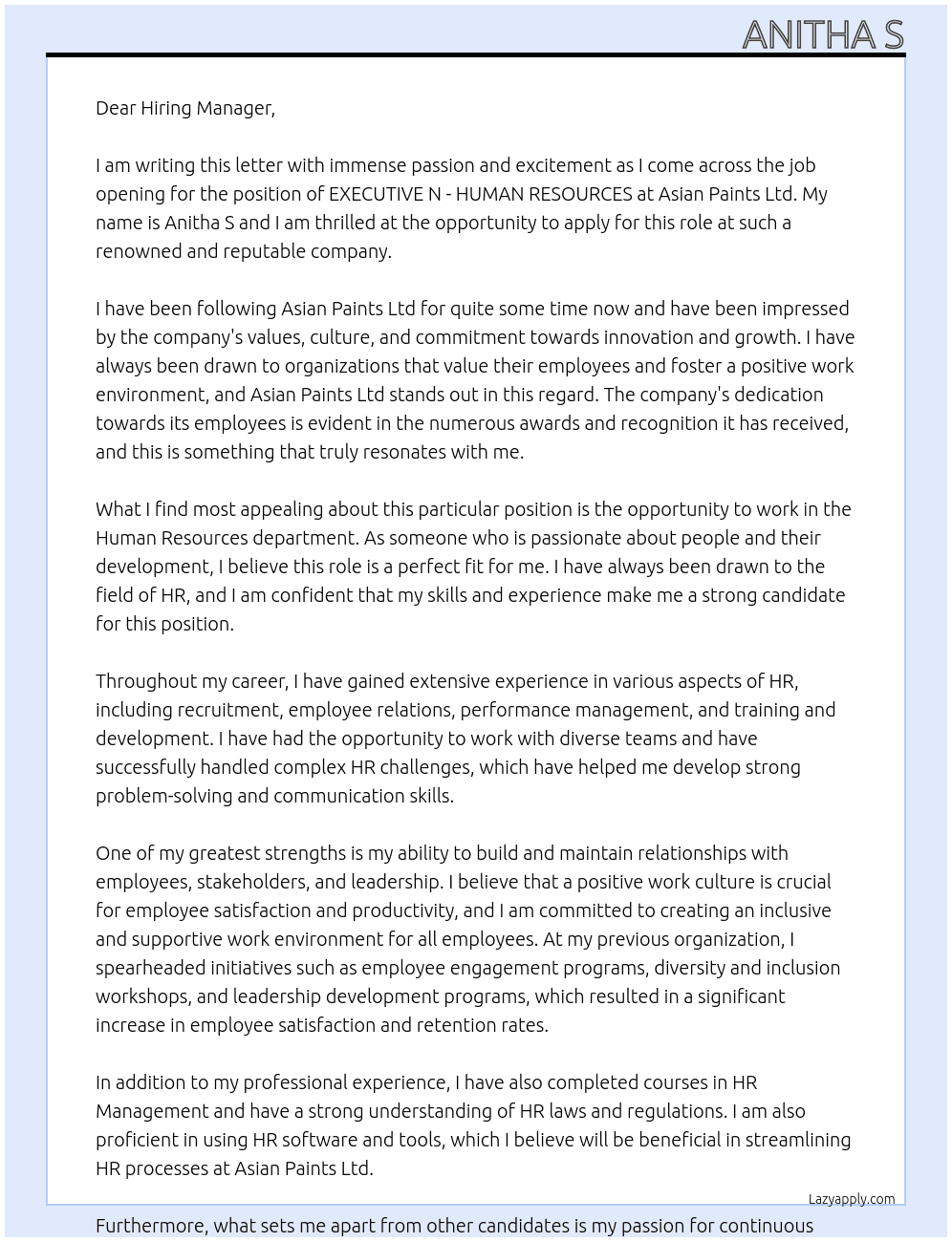 EXECUTIVE N - HUMAN RESOURCES At Asian Paints Ltd Cover Letter