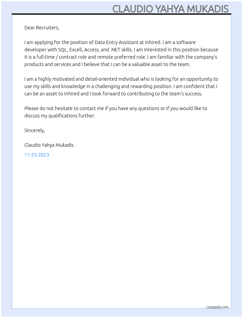 Data Entry Assistant At Inhired - Remote Cover Letter