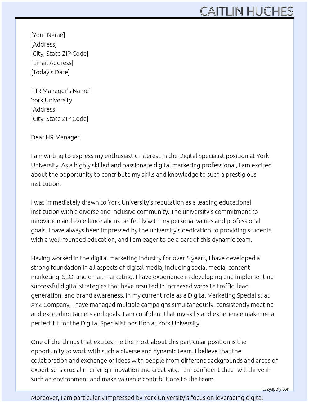 Digital Specialist At York University Cover Letter