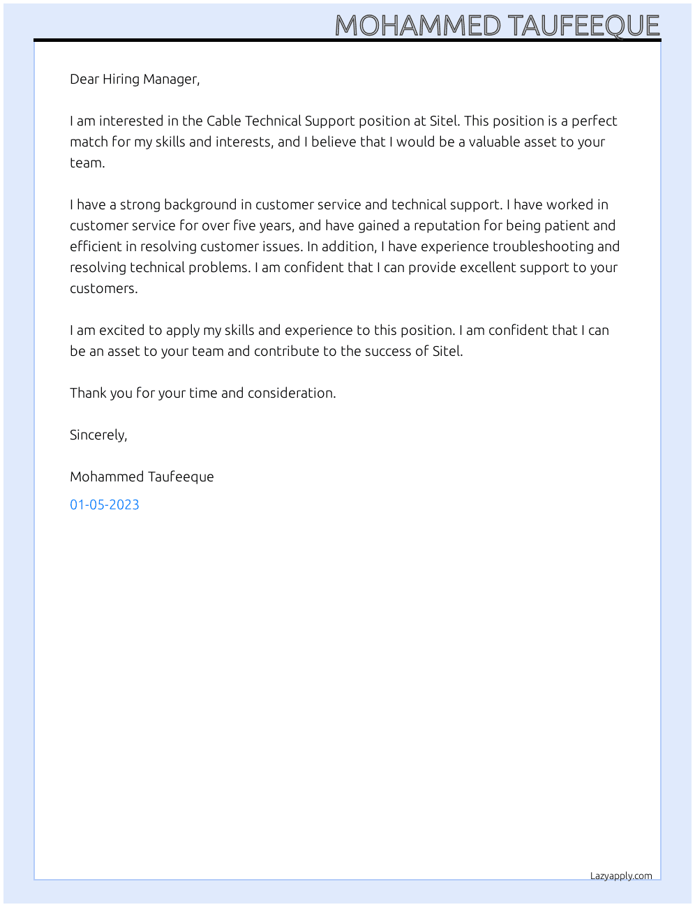Cable Technical Support At Sitel Cover Letter