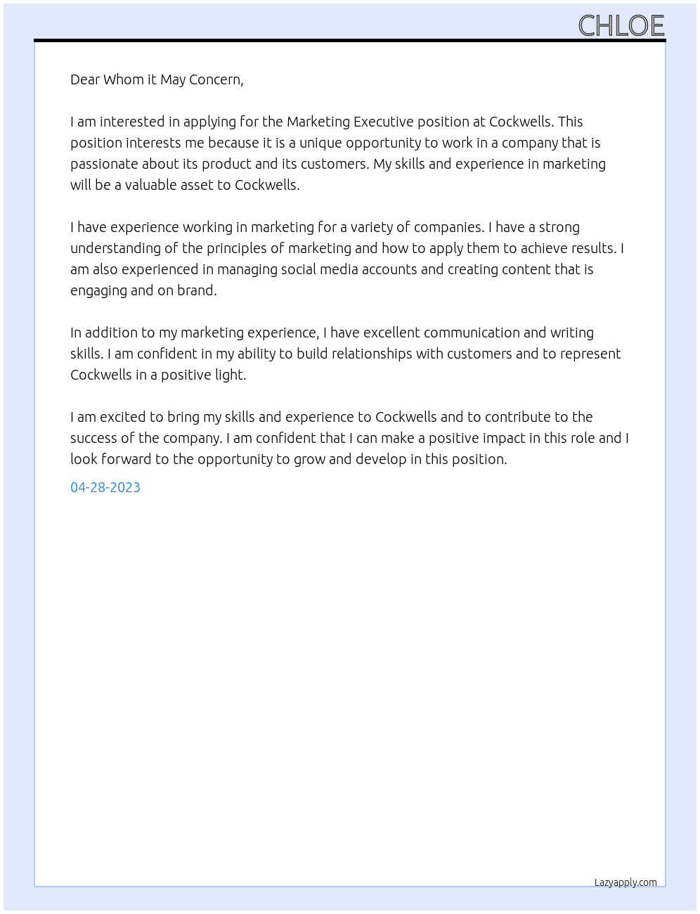 Marketing Executive  At Cockwells  Cover Letter