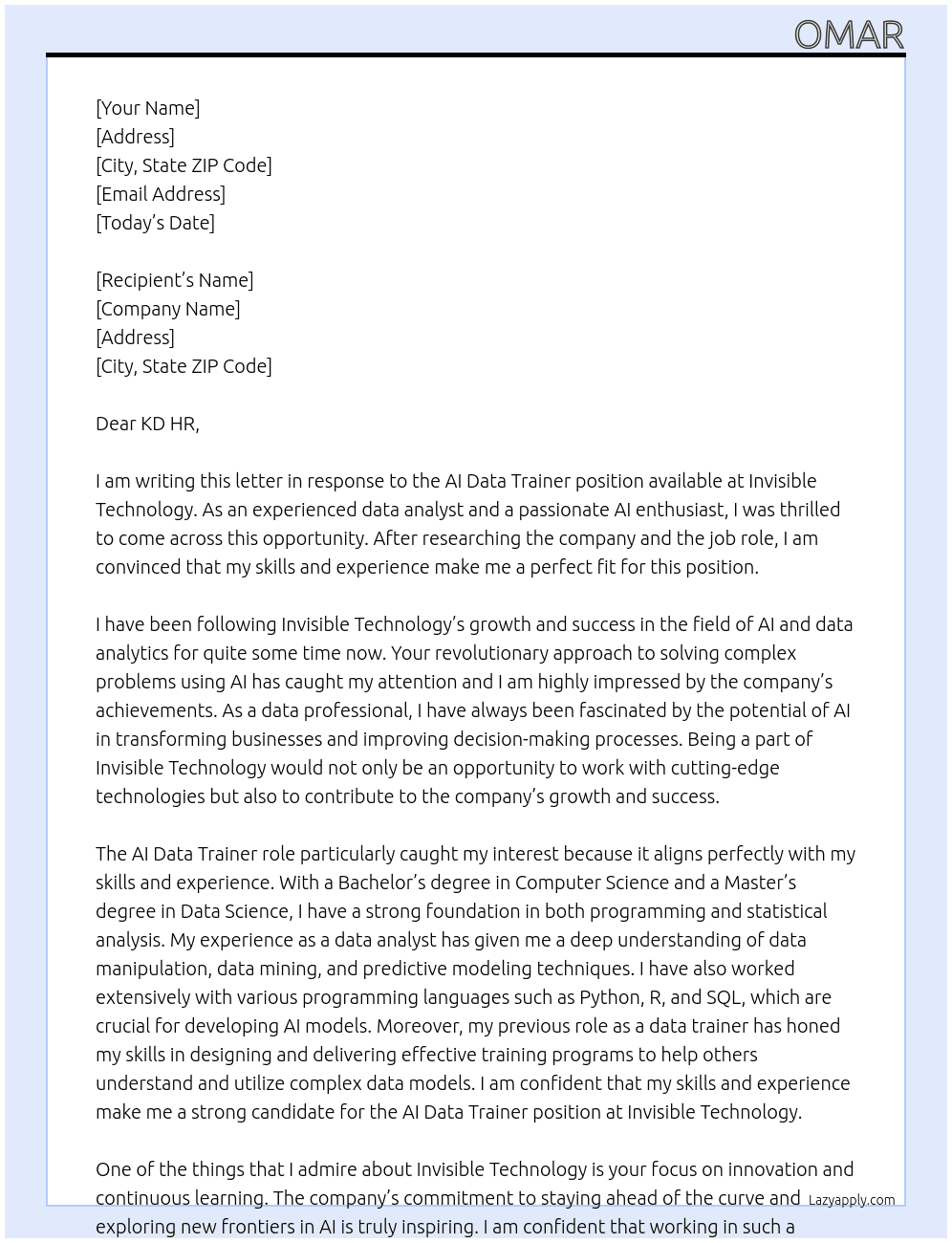 AI Data Trainer At Invisible Technolody Cover Letter