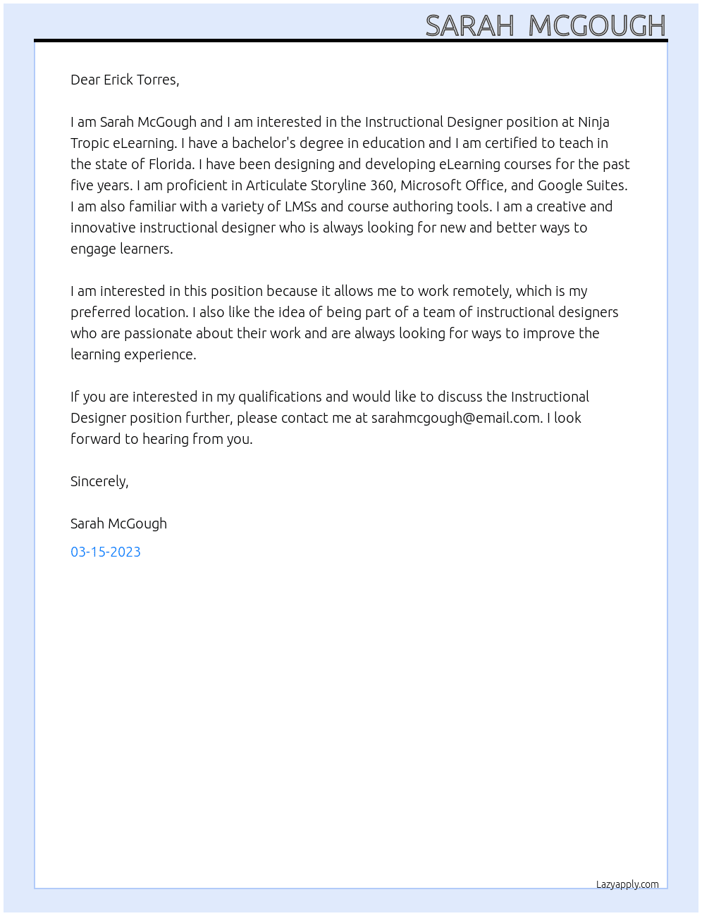 Instructional Designer  At Ninja Tropic eLearning Cover Letter