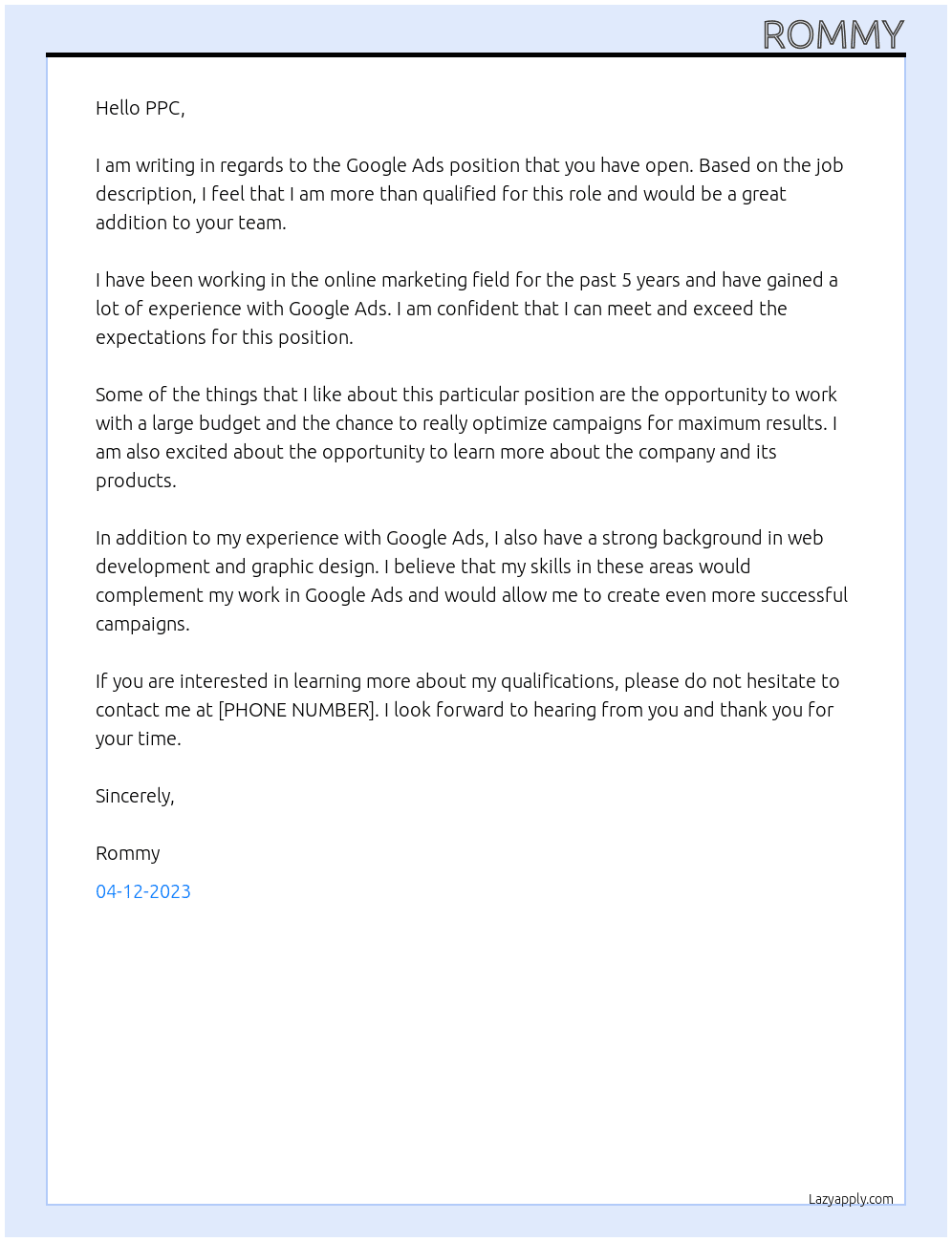 Google ads At PPC Cover Letter