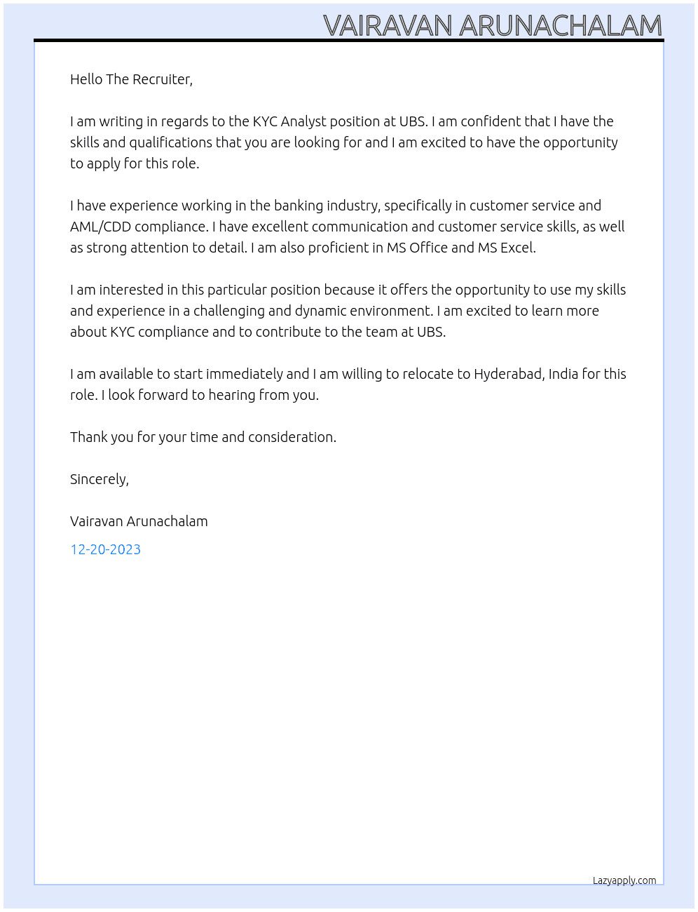 KYC Analyst At UBS Cover Letter