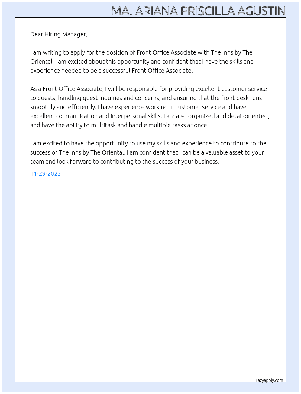 Front Office Assoiciate At The Inns by The Oriental Cover Letter