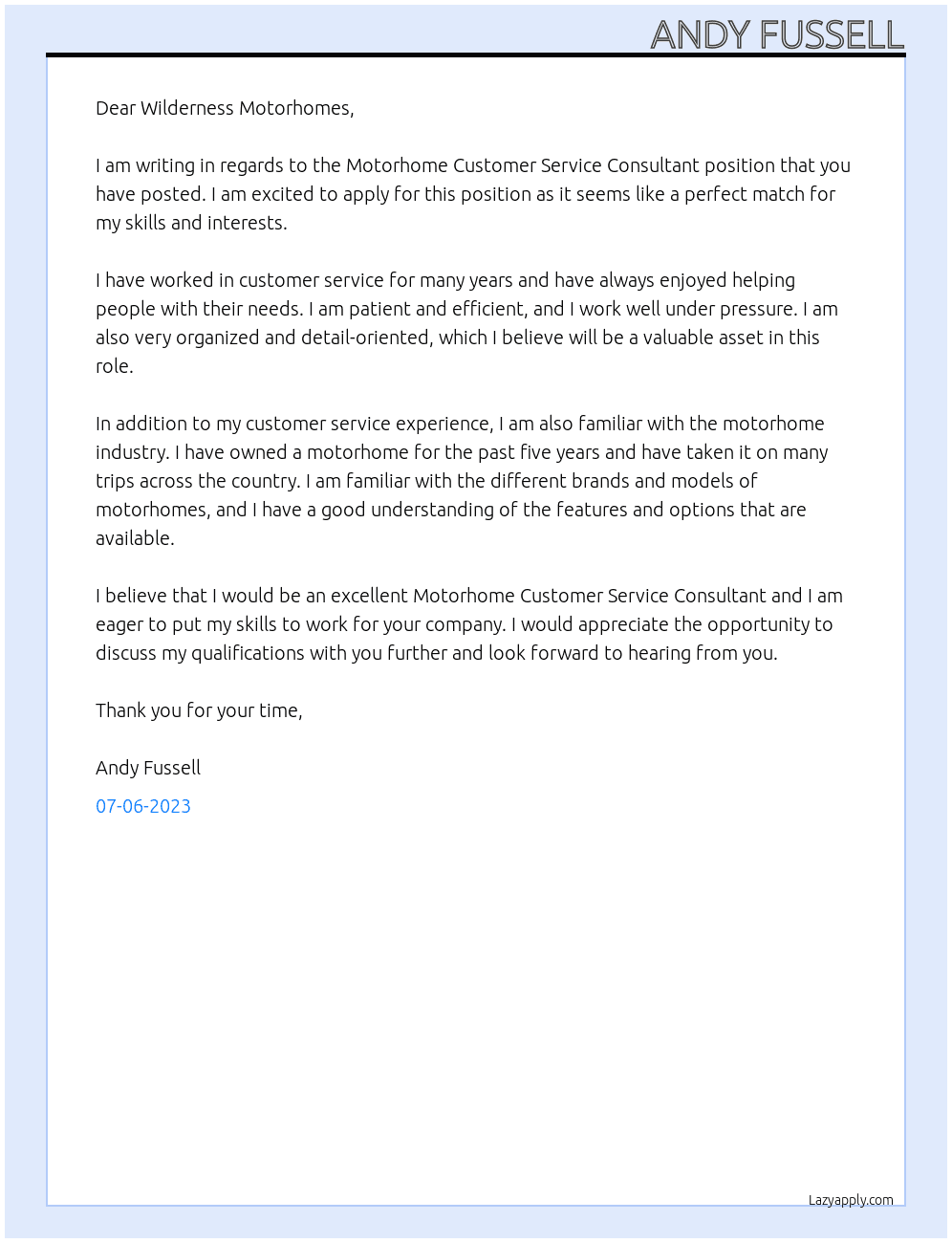 Motorhome Customer Service Consultant At Wilderness Motorhomes Cover Letter