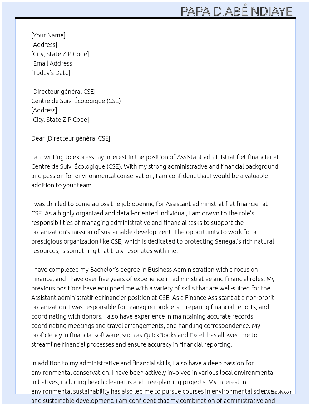 Assistant administratif et financier  At Centre de Suivi Écologique (CSE) Cover Letter
