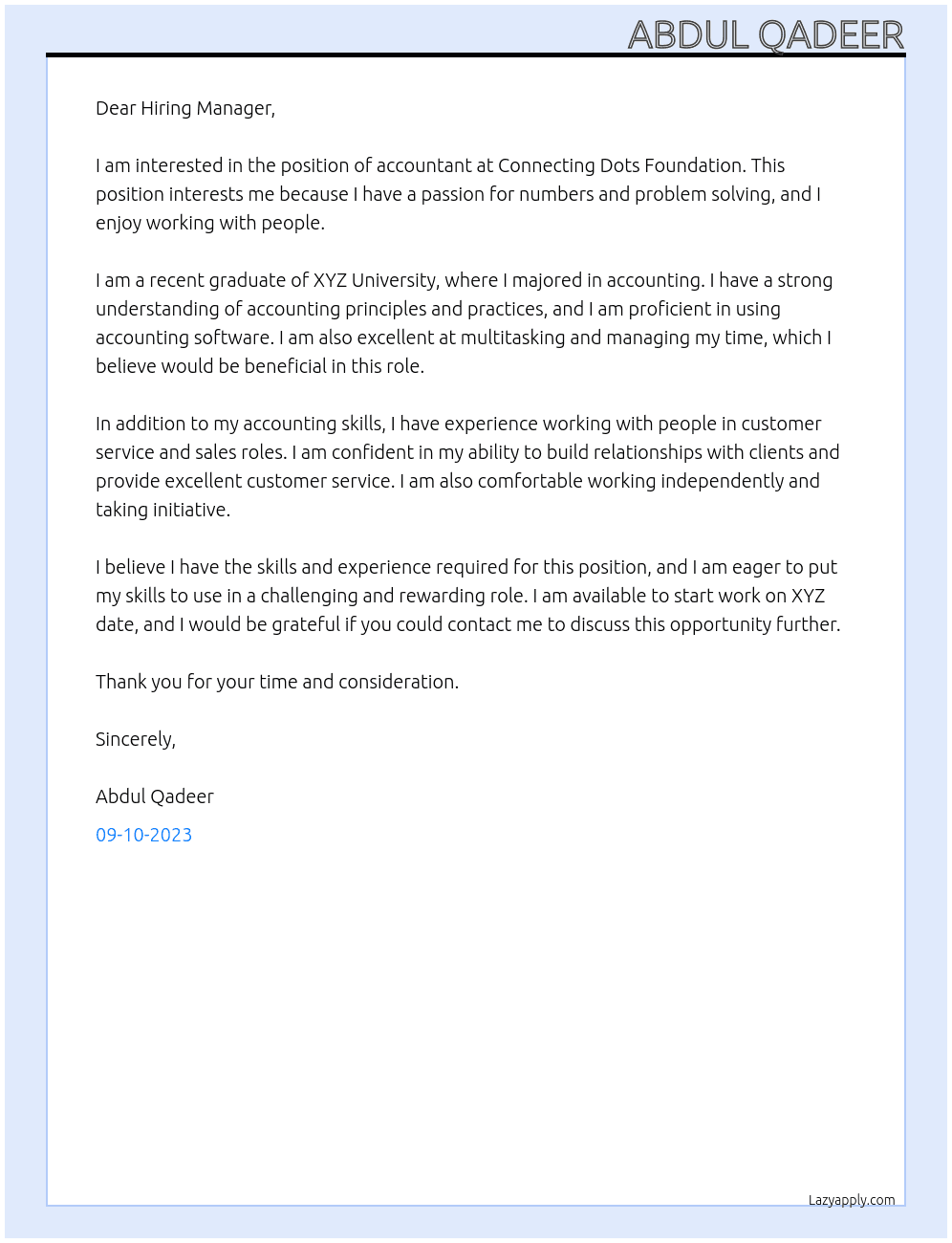 Accountant At Connecting Dots Foundation Cover Letter