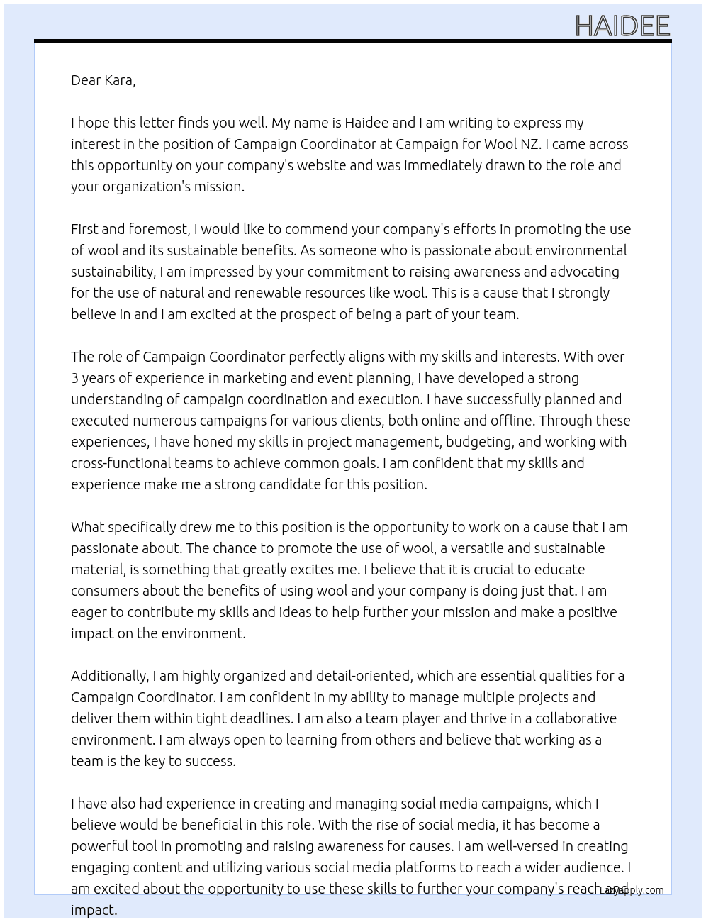 Campaign Coordinator At Campaign for Wool NZ Cover Letter