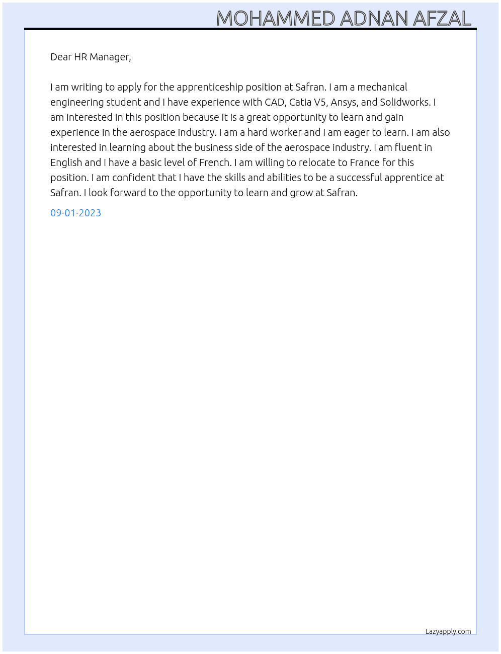 Apprenticeship  At Safran  Cover Letter