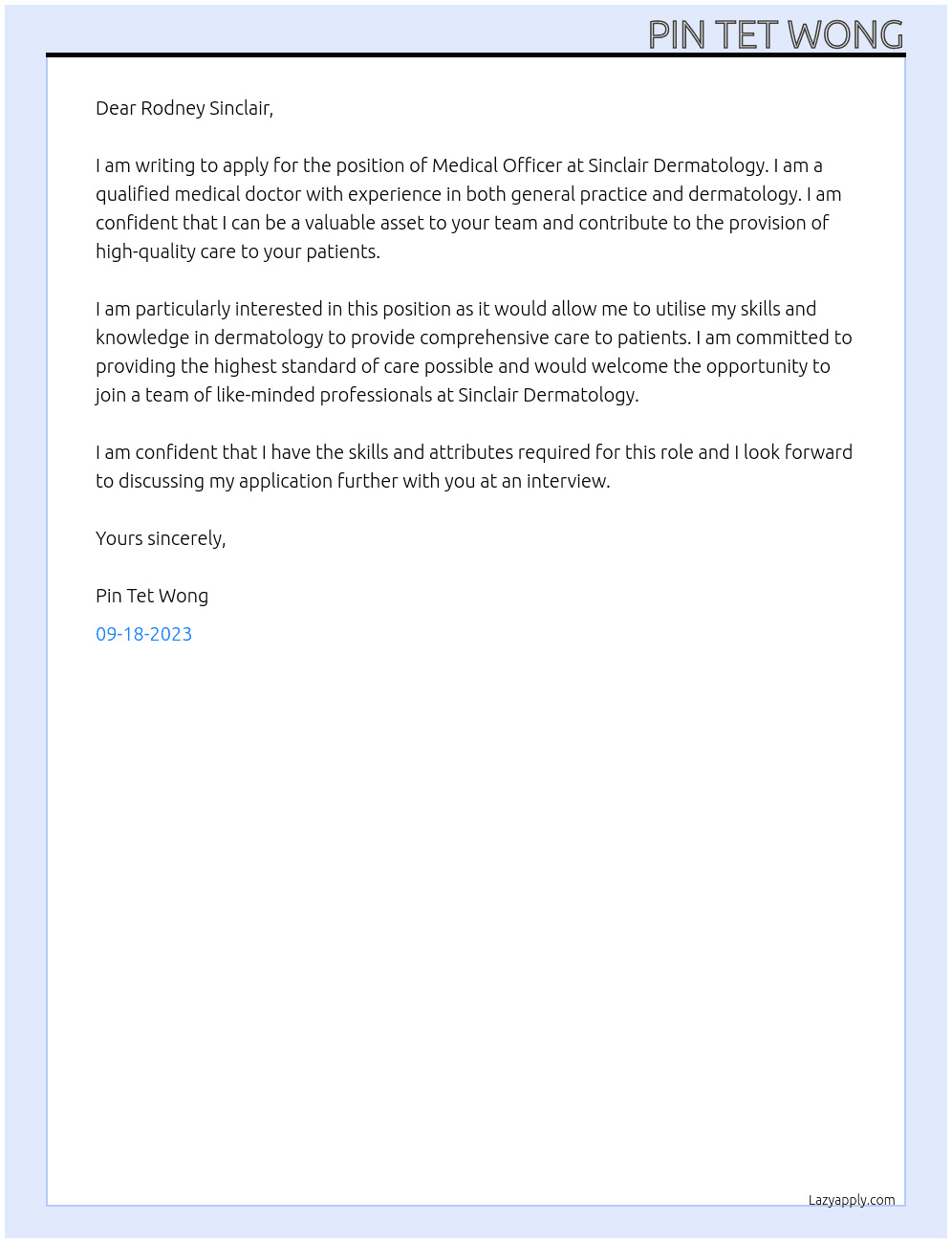 Medical officer At Sinclair dermatology Cover Letter