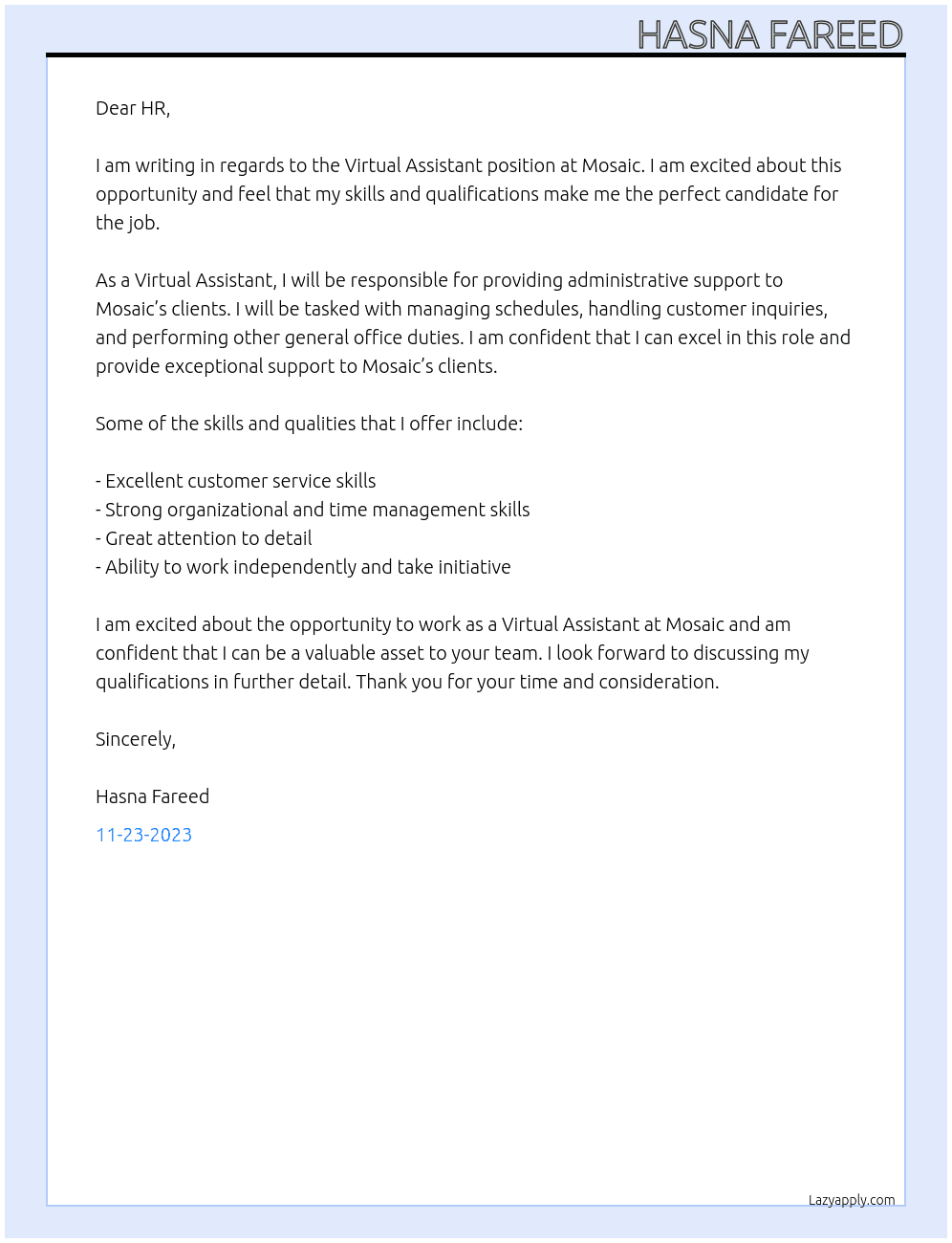 VIRTUAL ASSISTANT At Mosiac Cover Letter