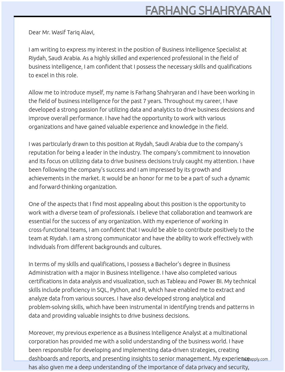 Cover letter for business intelligence specialist - LazyApply
