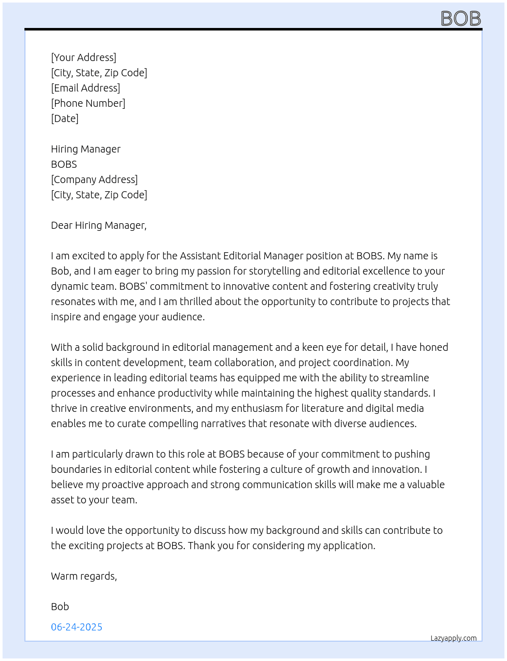 Assistant Editorial Manager At BOBS Cover Letter