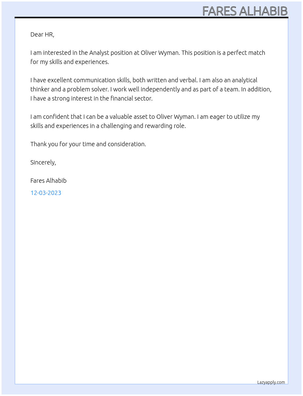 Analyst At Oliver wyman Cover Letter