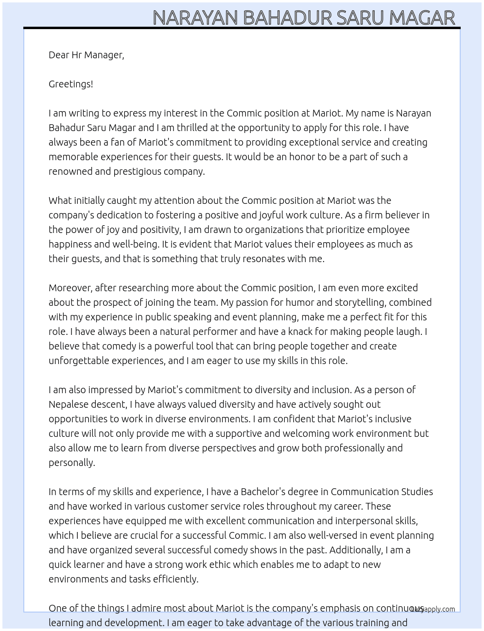 Commic At Mariot  Cover Letter