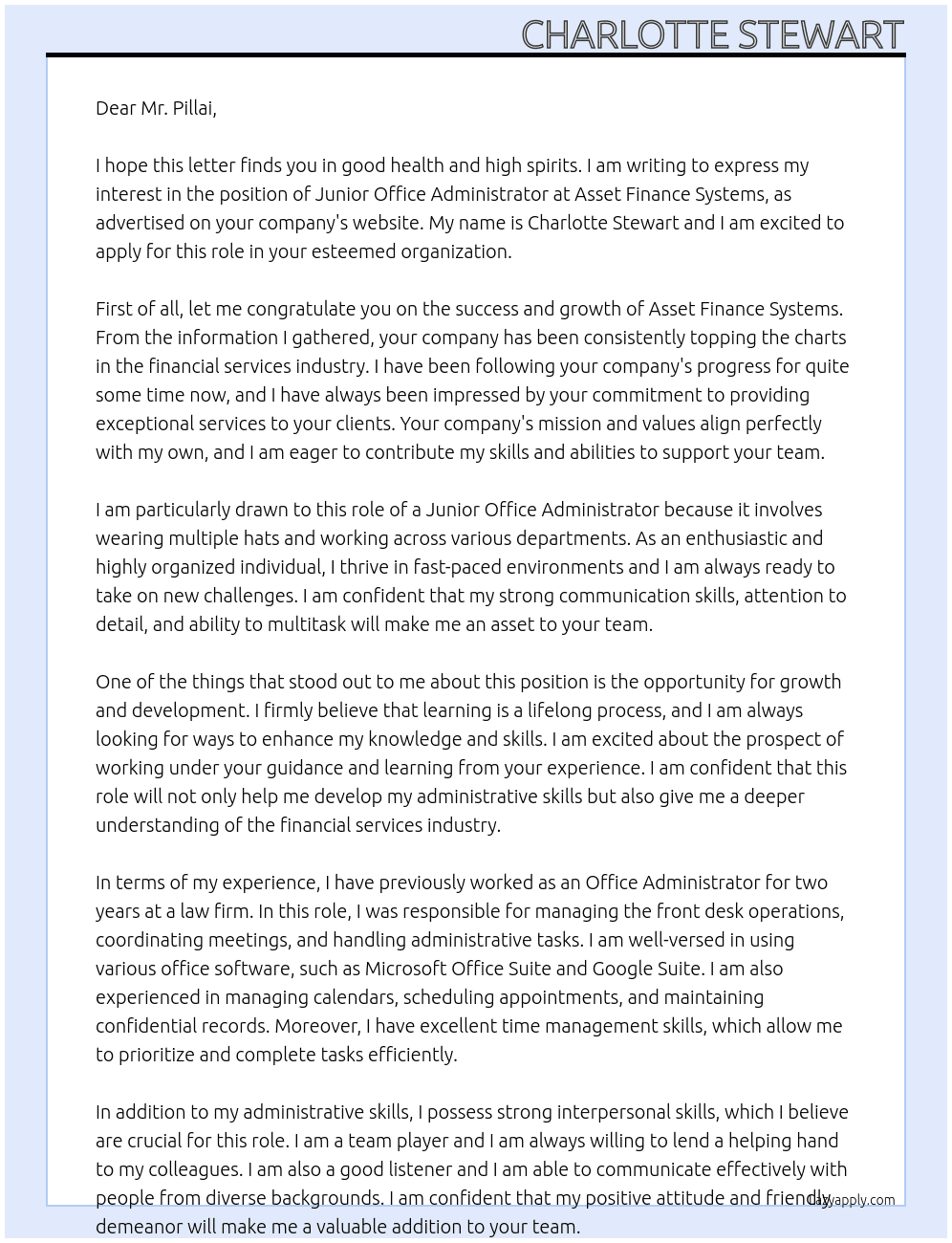 Junior Office Administrator At Asset Finance Systems Cover Letter