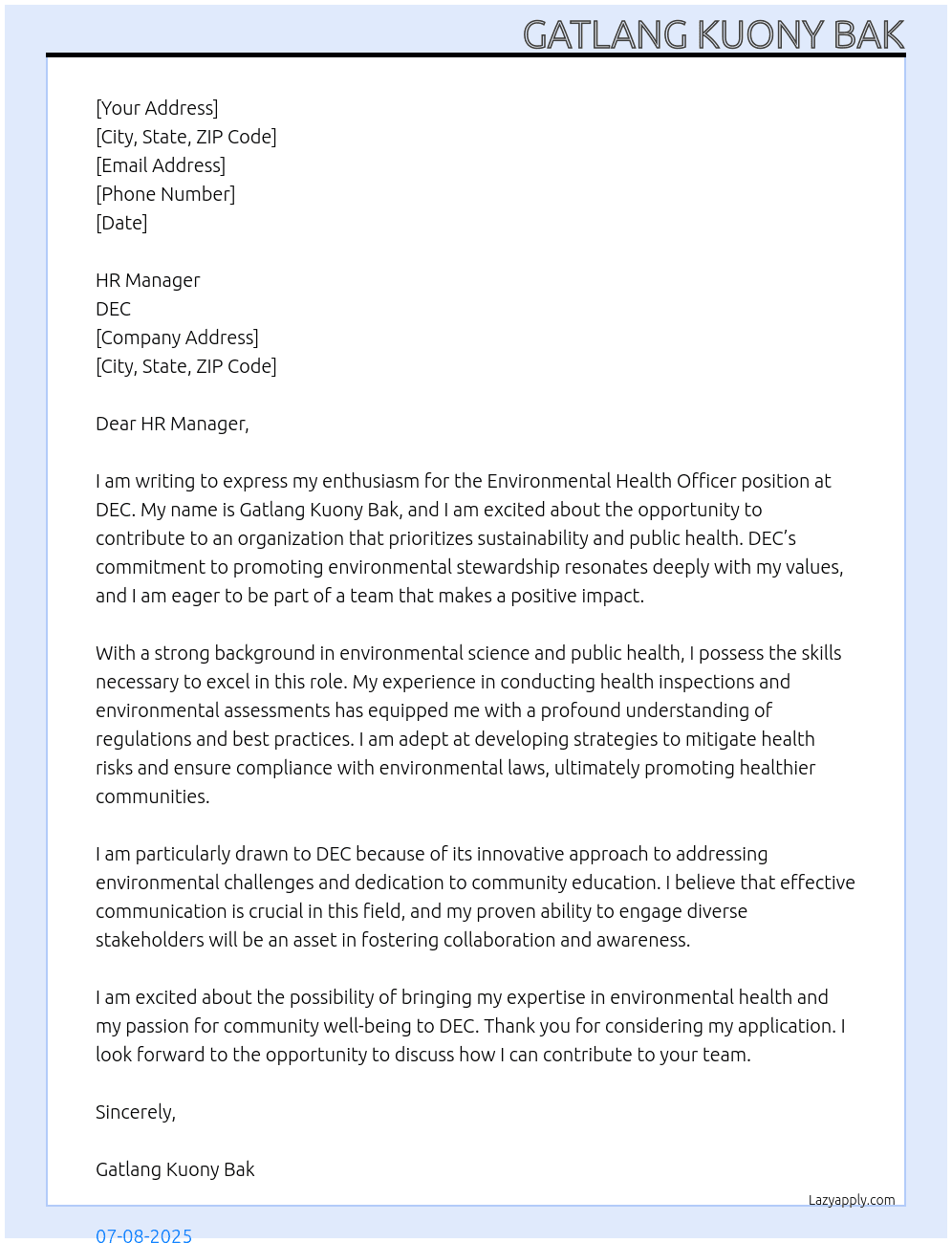 Environmental Health Officer At DEC Cover Letter