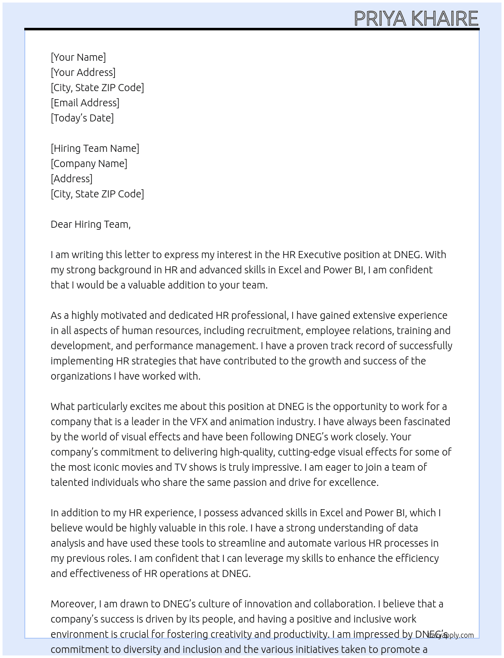 HR Executive  At DNEG Cover Letter