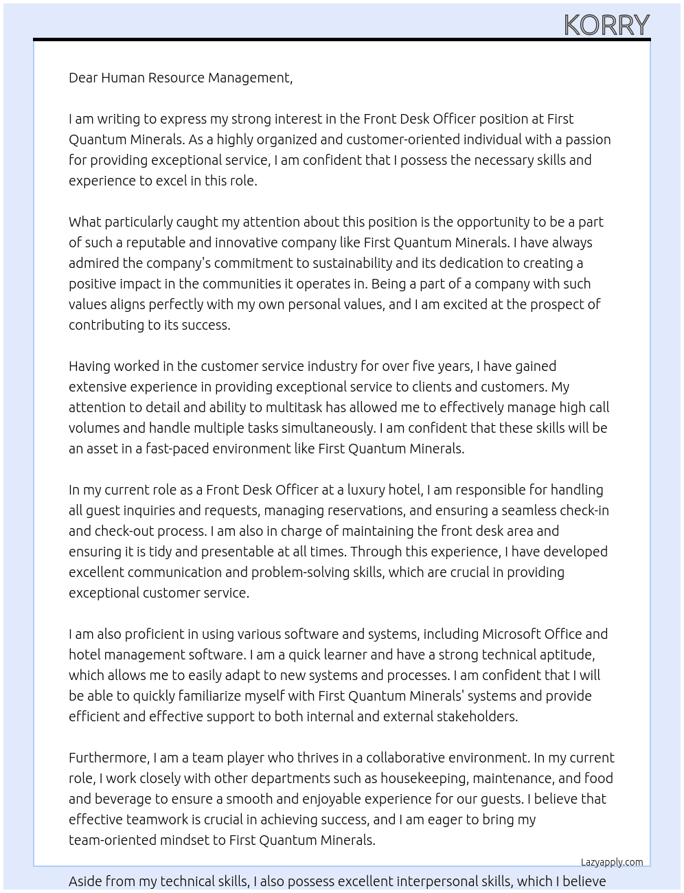Front desk officer  At First quantum minerals  Cover Letter