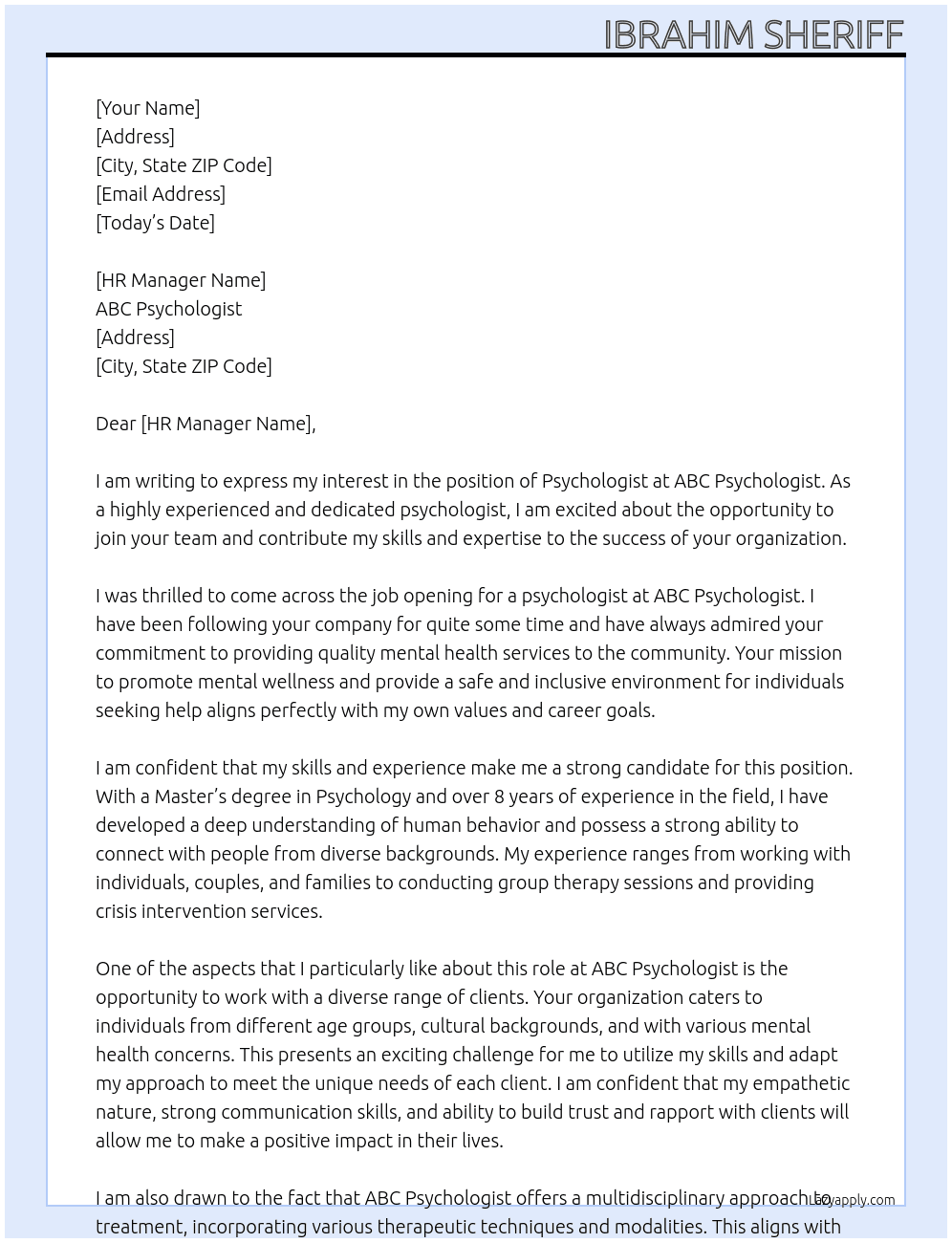  Psycologist At ABC PSYCOLOGIST Cover Letter