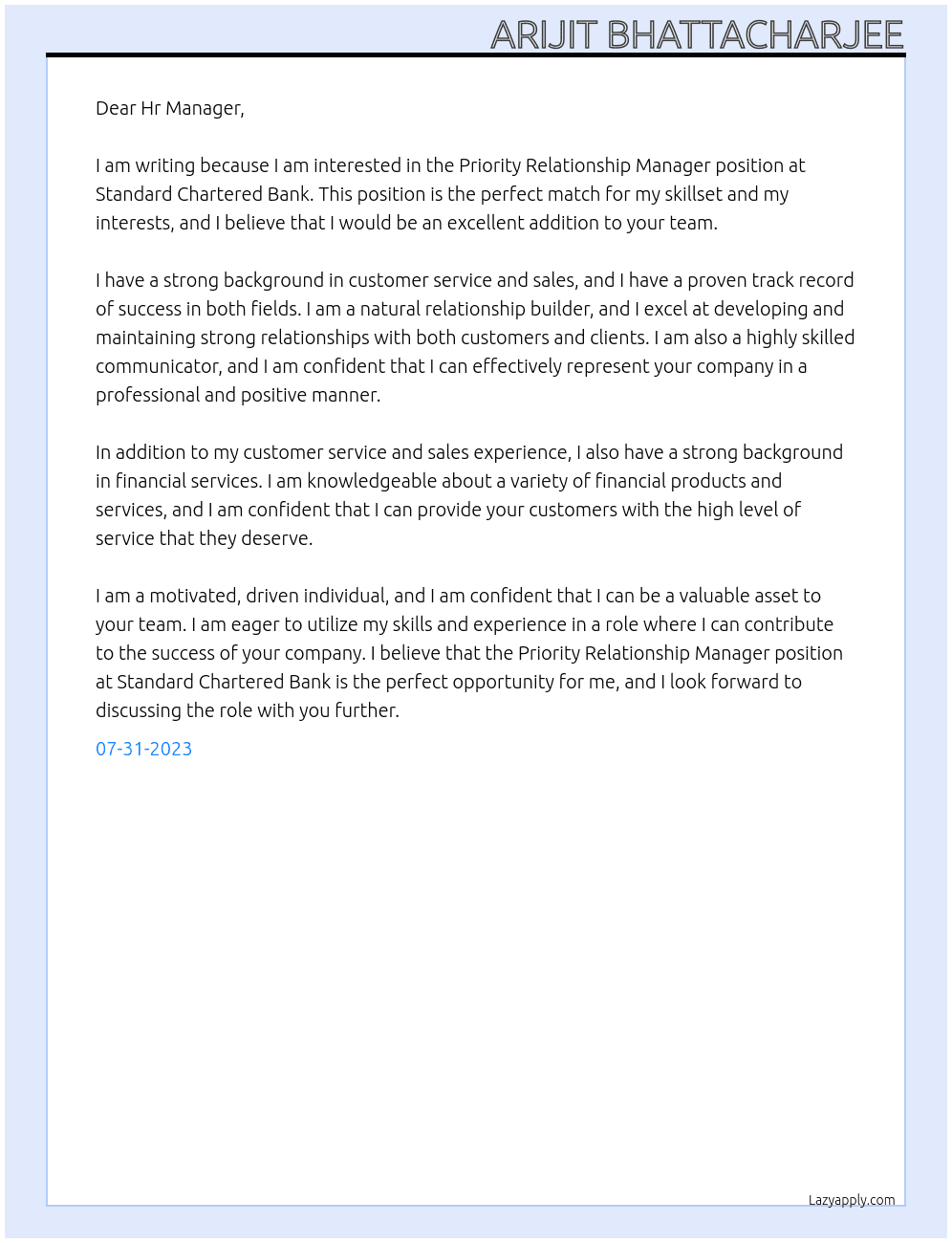 Priority Relationship Manager At Standard Chartered Bank Cover Letter