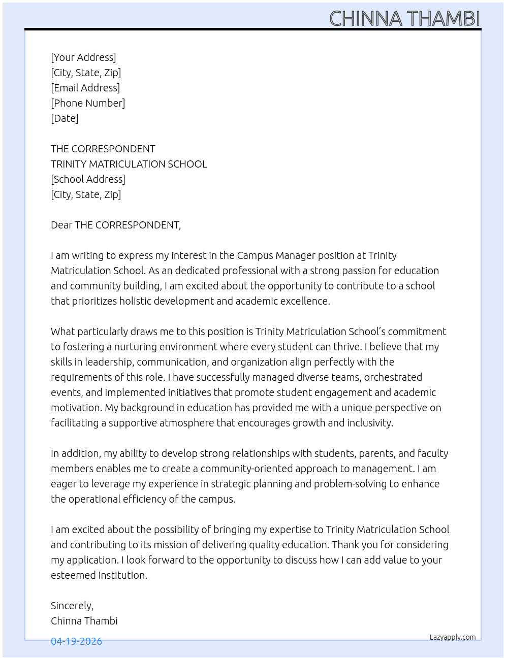 Campus Manager At TRINITY MATRICULATION SCHOOL Cover Letter