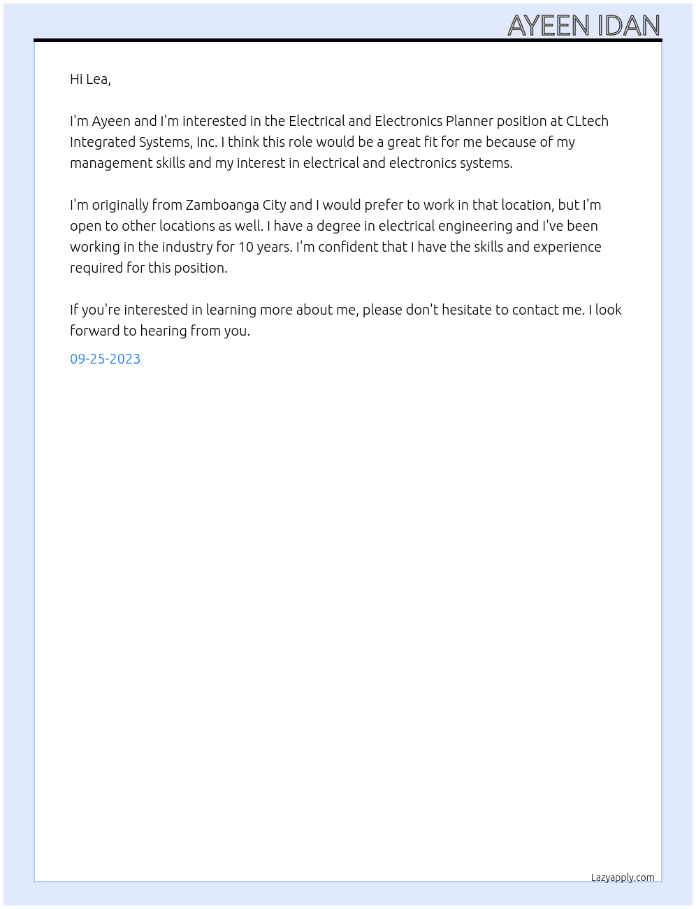 Electrical and Electronics Planner At CLtech Integrated Systems, Inc. Cover Letter