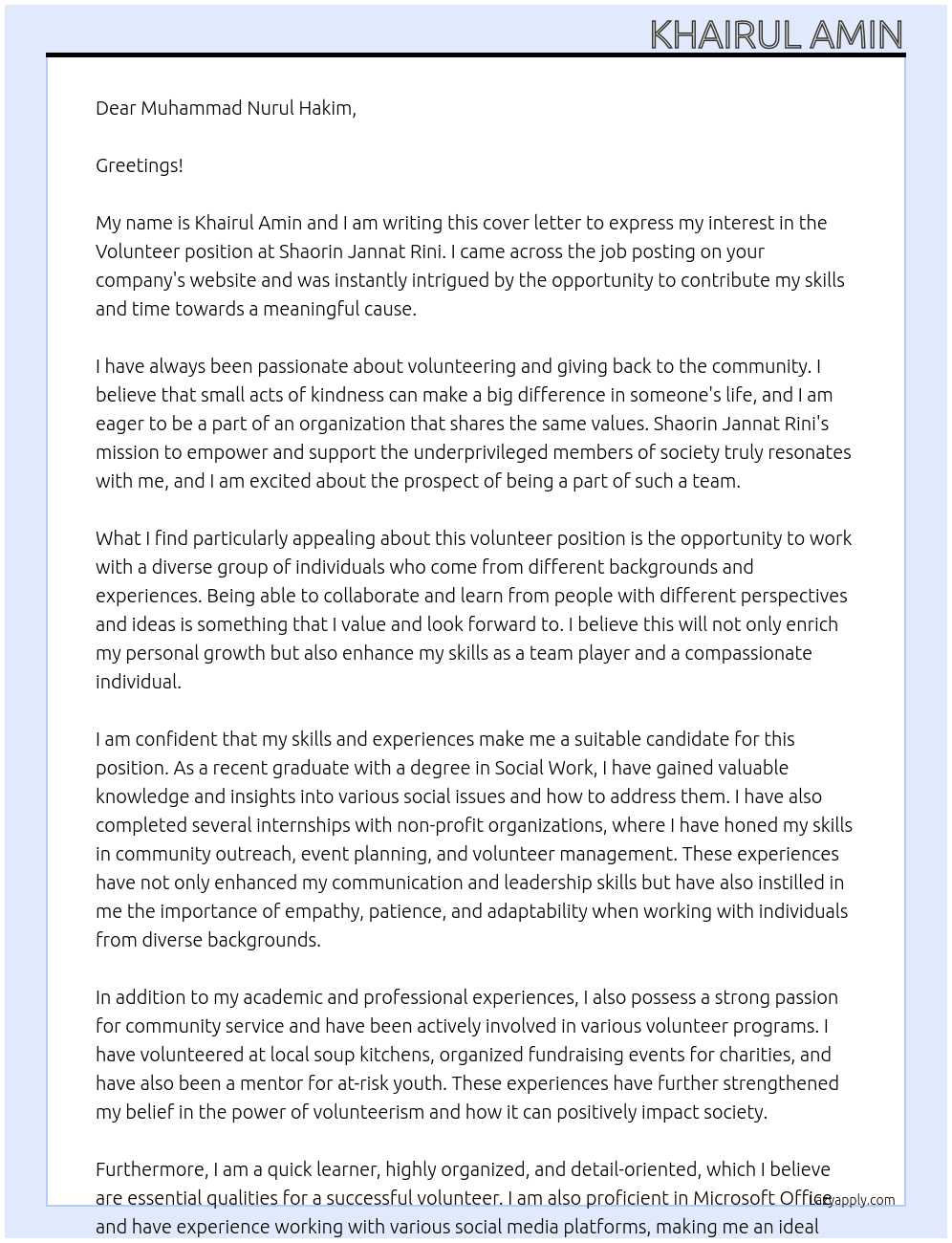 Volunteer At SHAORIN JANNAT RINI Cover Letter