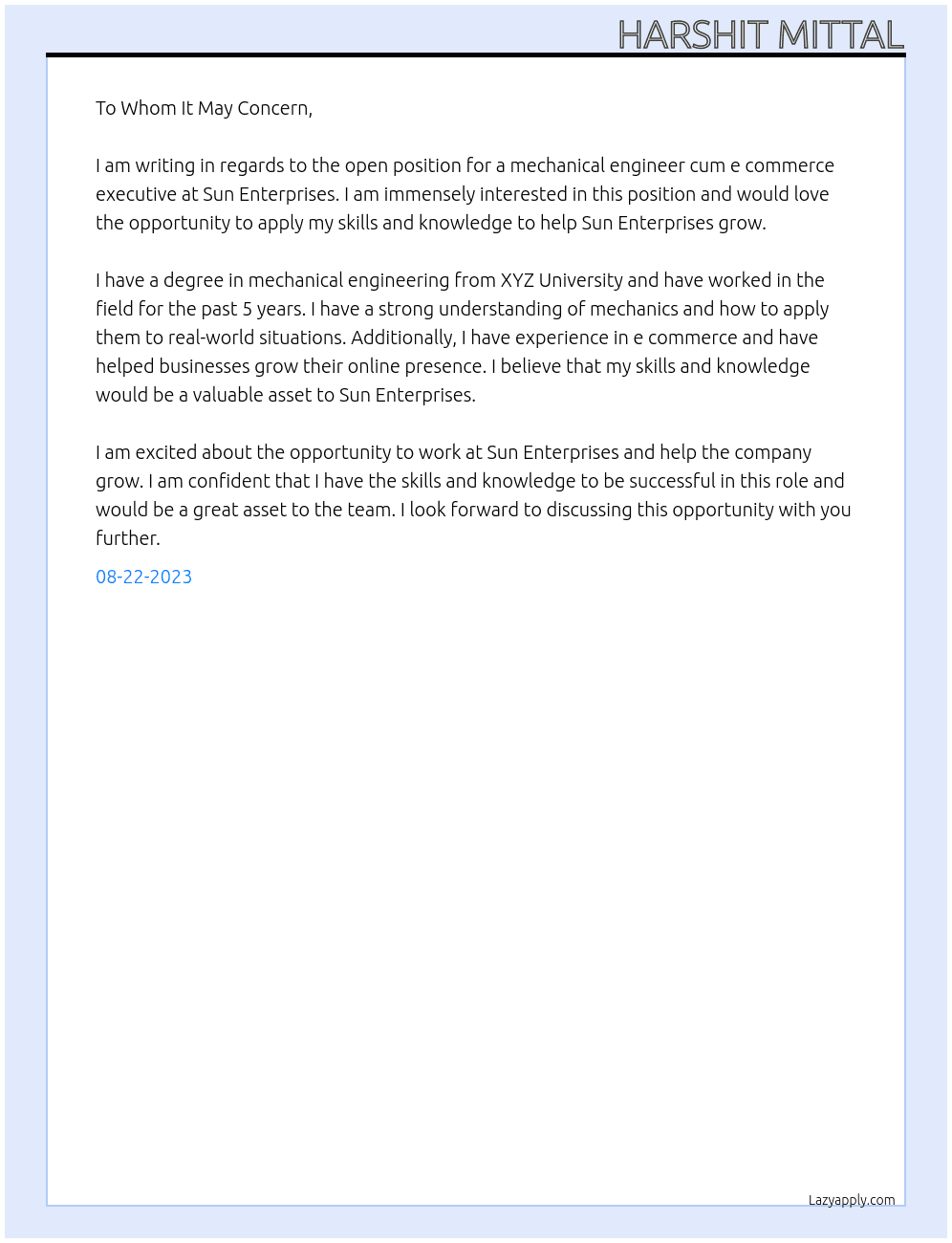 Mechanical engineer cum E commerce executive At Sun enterprises Cover Letter