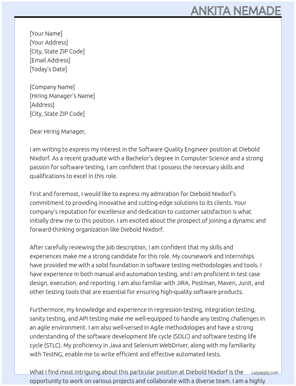 Software Quality Engineer (fresher) At Diebold Nixdorf Cover Letter