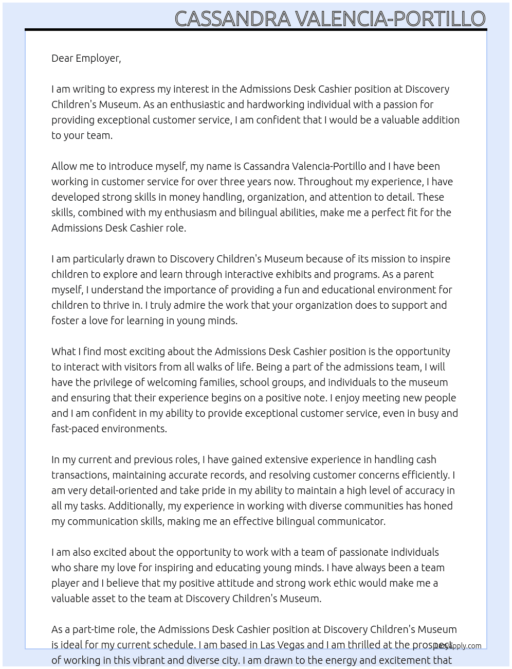 Admissions Desk Cashier At Discovery Children's Museum  Cover Letter