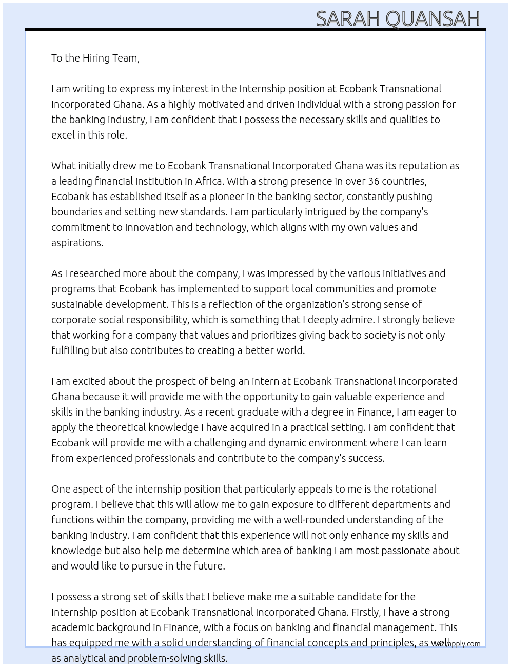 Internship  At Ecobank Transnational Incorporated Ghana  Cover Letter