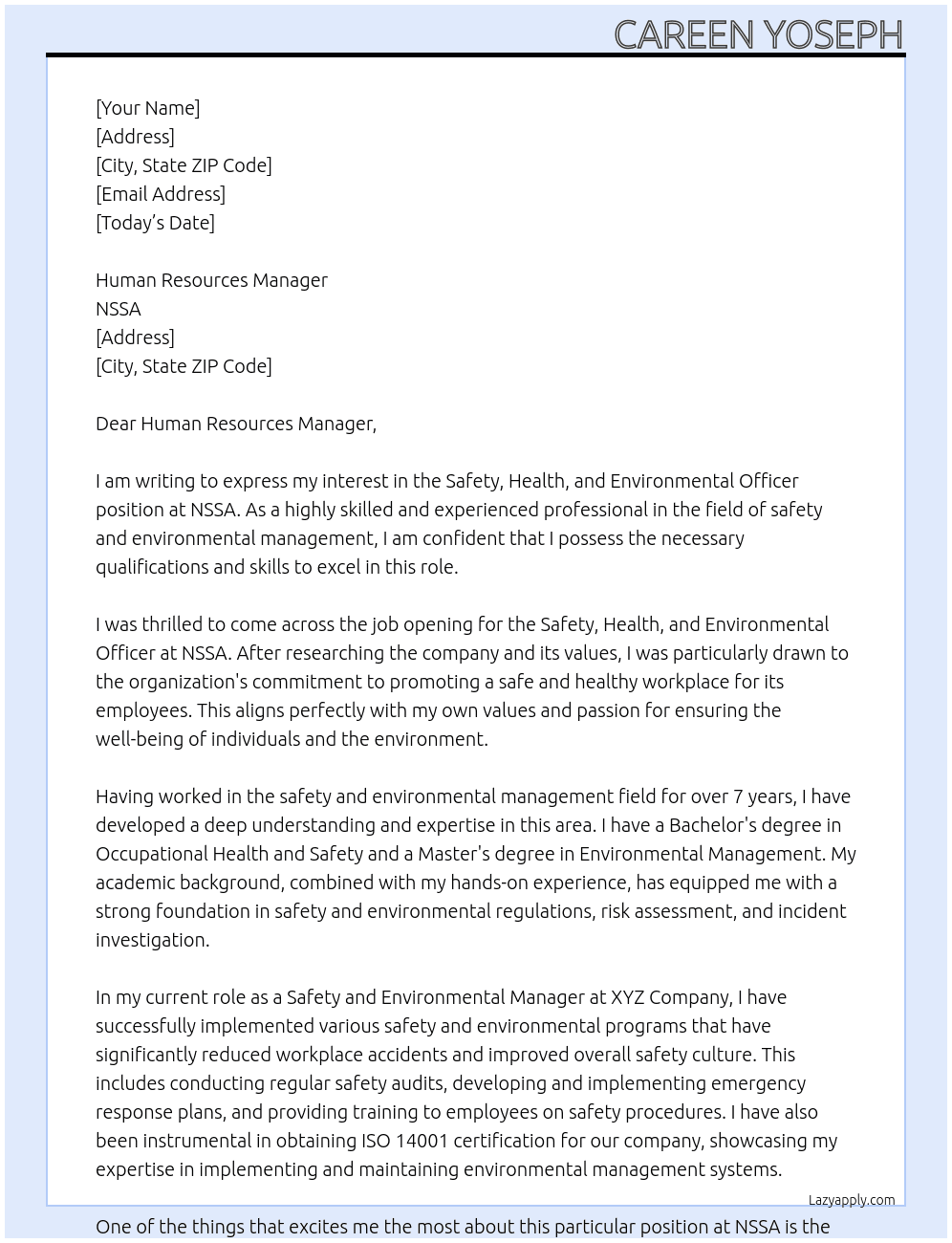 safety, health and environmental offic At nssa Cover Letter