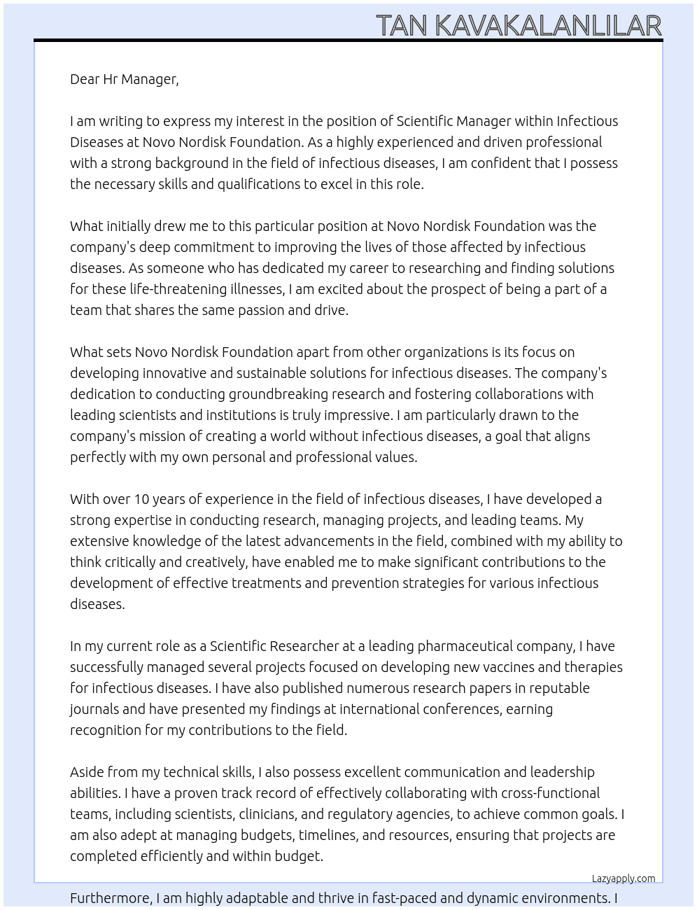 Scientific Manager within Infectious Diseases At Novo Nordisk Foundation  Cover Letter
