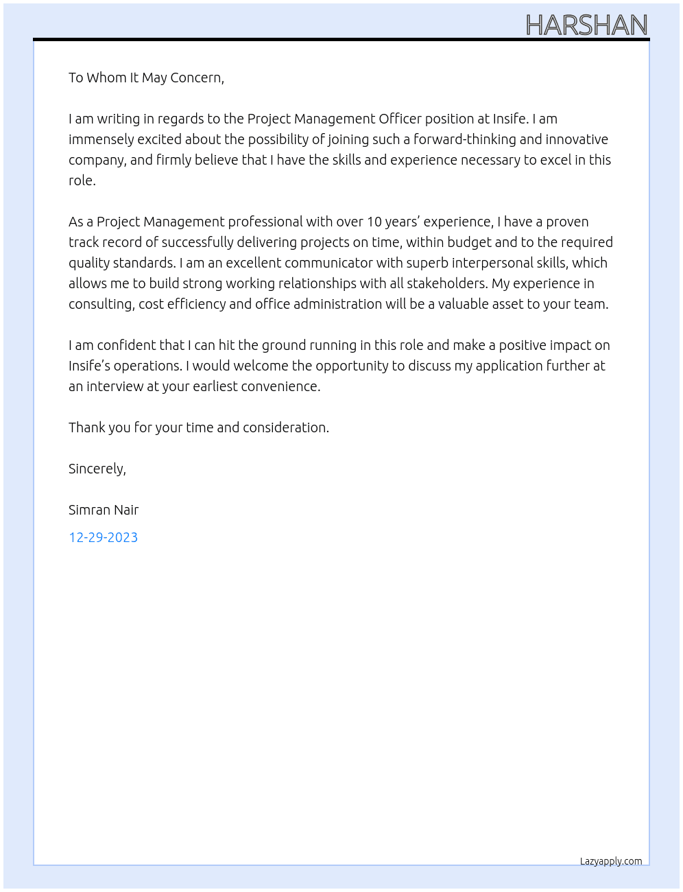 Project Management Officer At insife Cover Letter