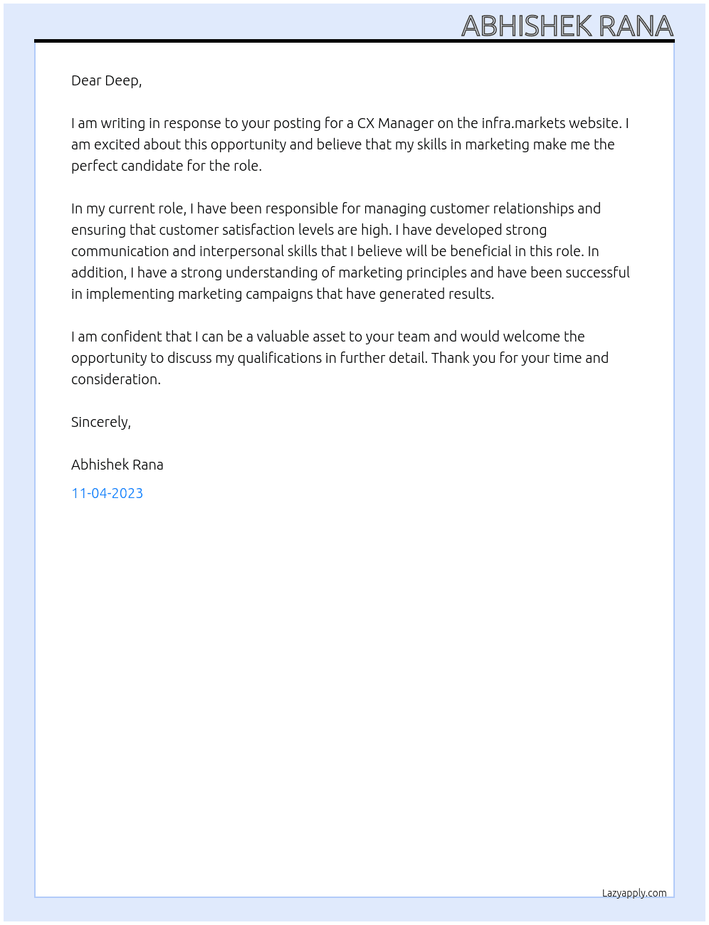 CX Manager At infra.markets Cover Letter