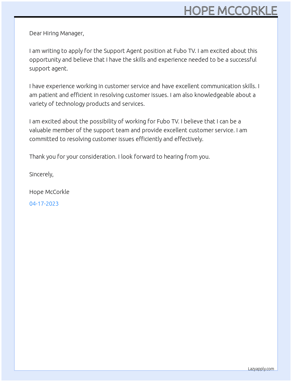 Support Agent At Fubo TV Cover Letter