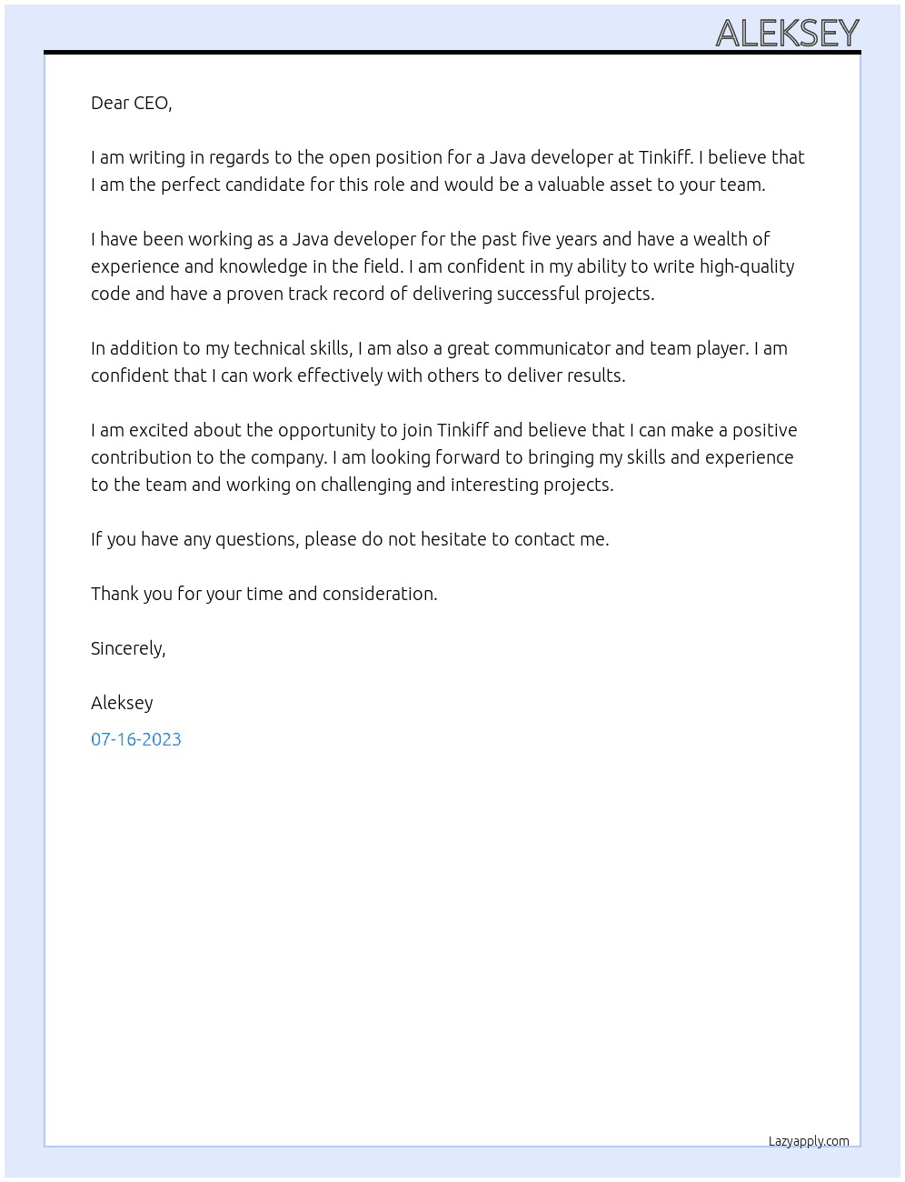 java developer At Tinkiff Cover Letter
