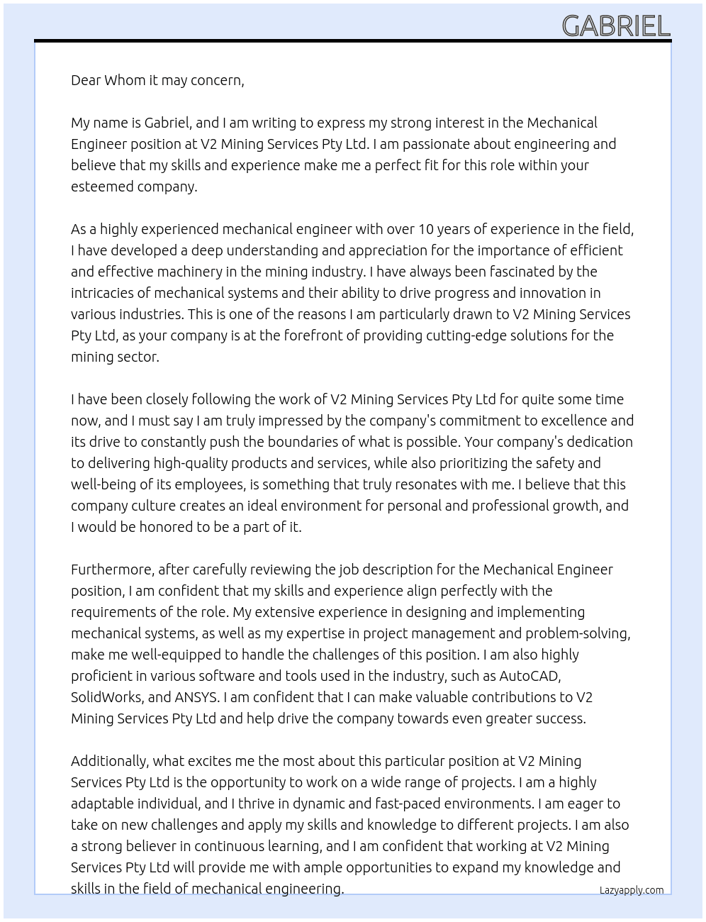 Mechanical Engineer At V2 Mining Services Pty Ltd Cover Letter