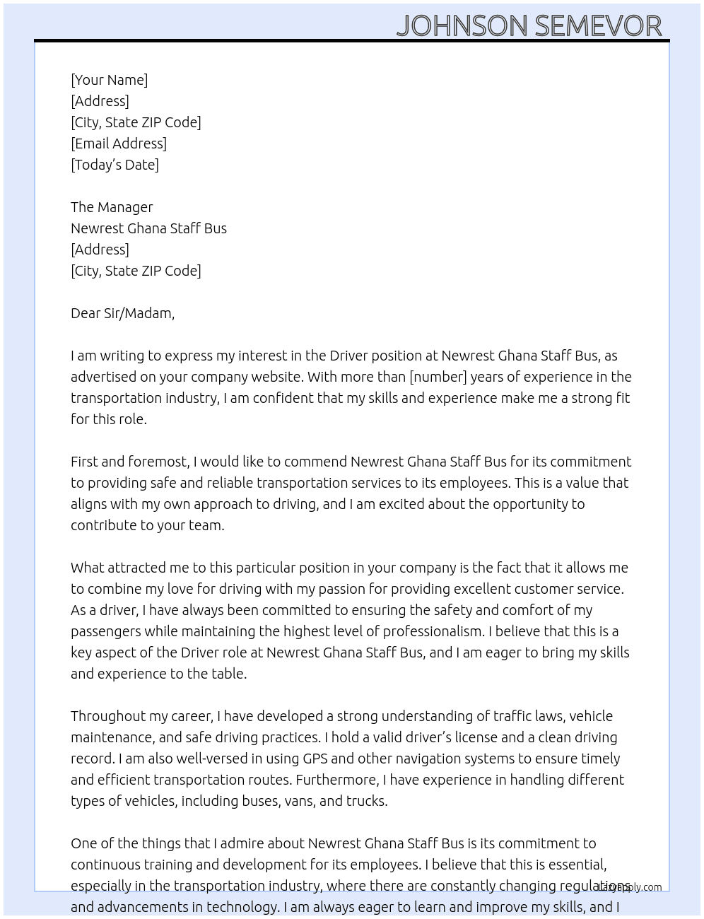 Driver At Newrest Ghana Staff Bus Cover Letter