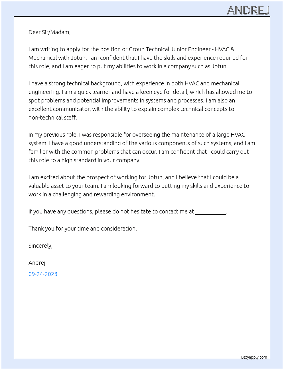 Group Technical Junior Engineer - HVAC & Mechanical At Jotun Cover Letter