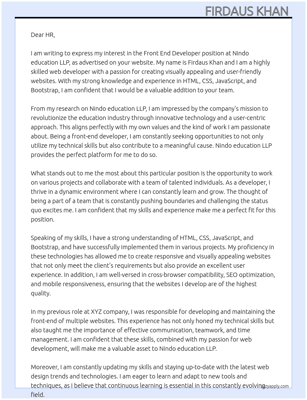 Front end developer At Nindo education LLP Cover Letter