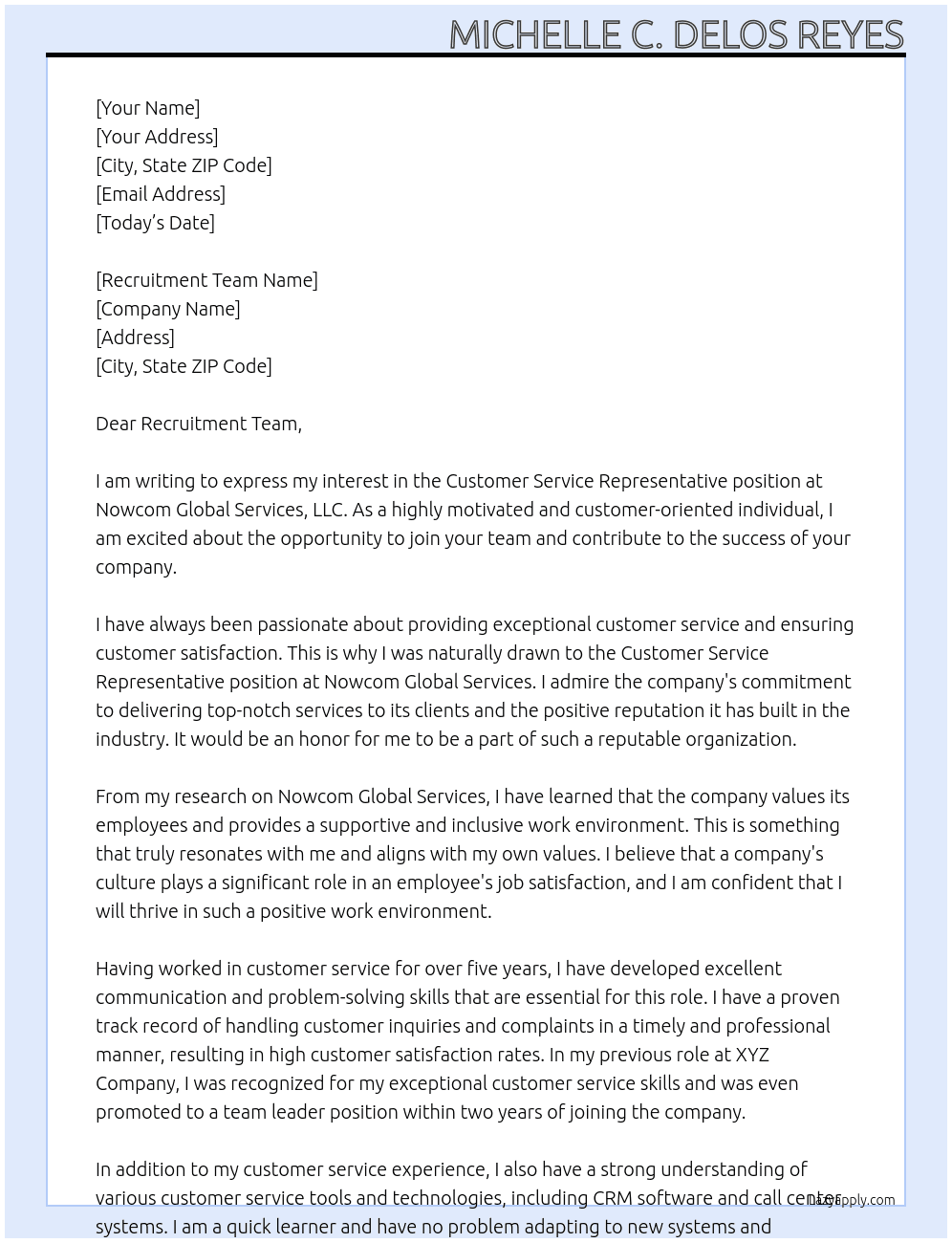 Customer service representative At Nowcom Global Services, LLC Cover Letter