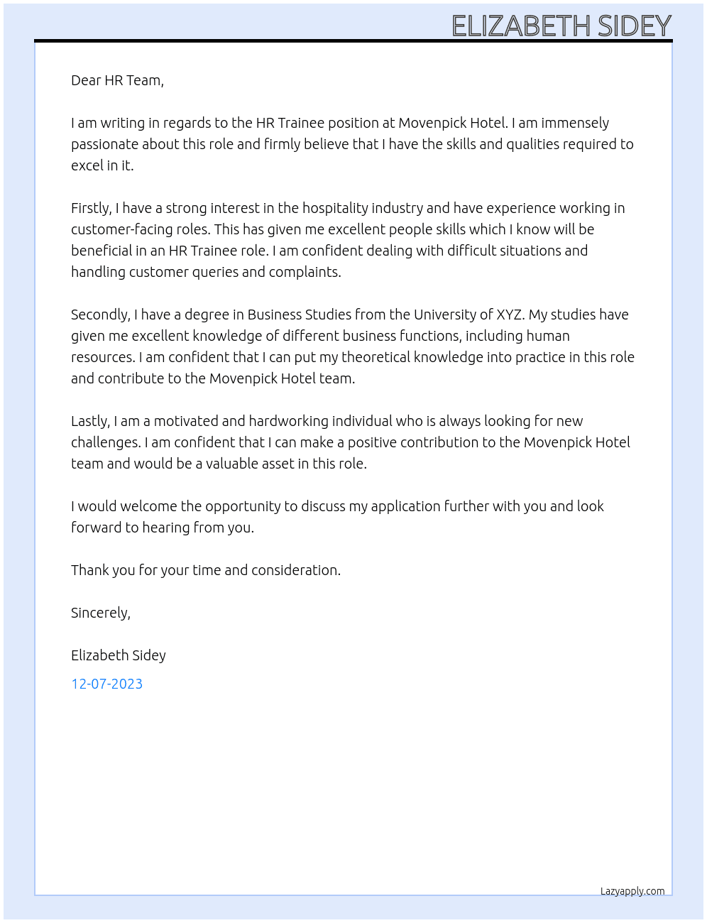 HR Trainee At Movenpick Hotel Cover Letter