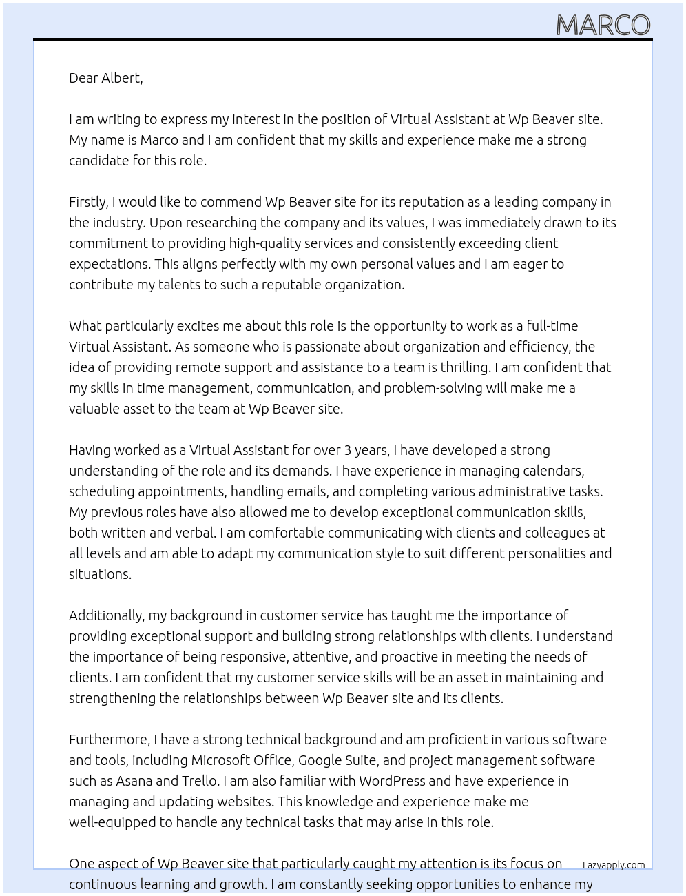 Virtual Assistant At Wp Beaver site Cover Letter