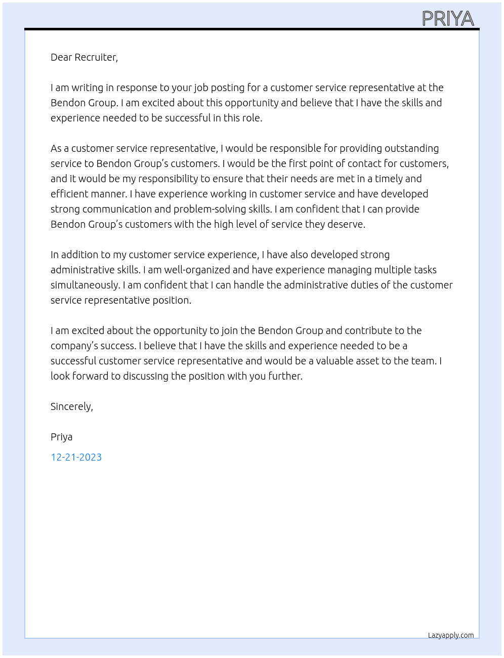 customer service representative At bendon group  Cover Letter