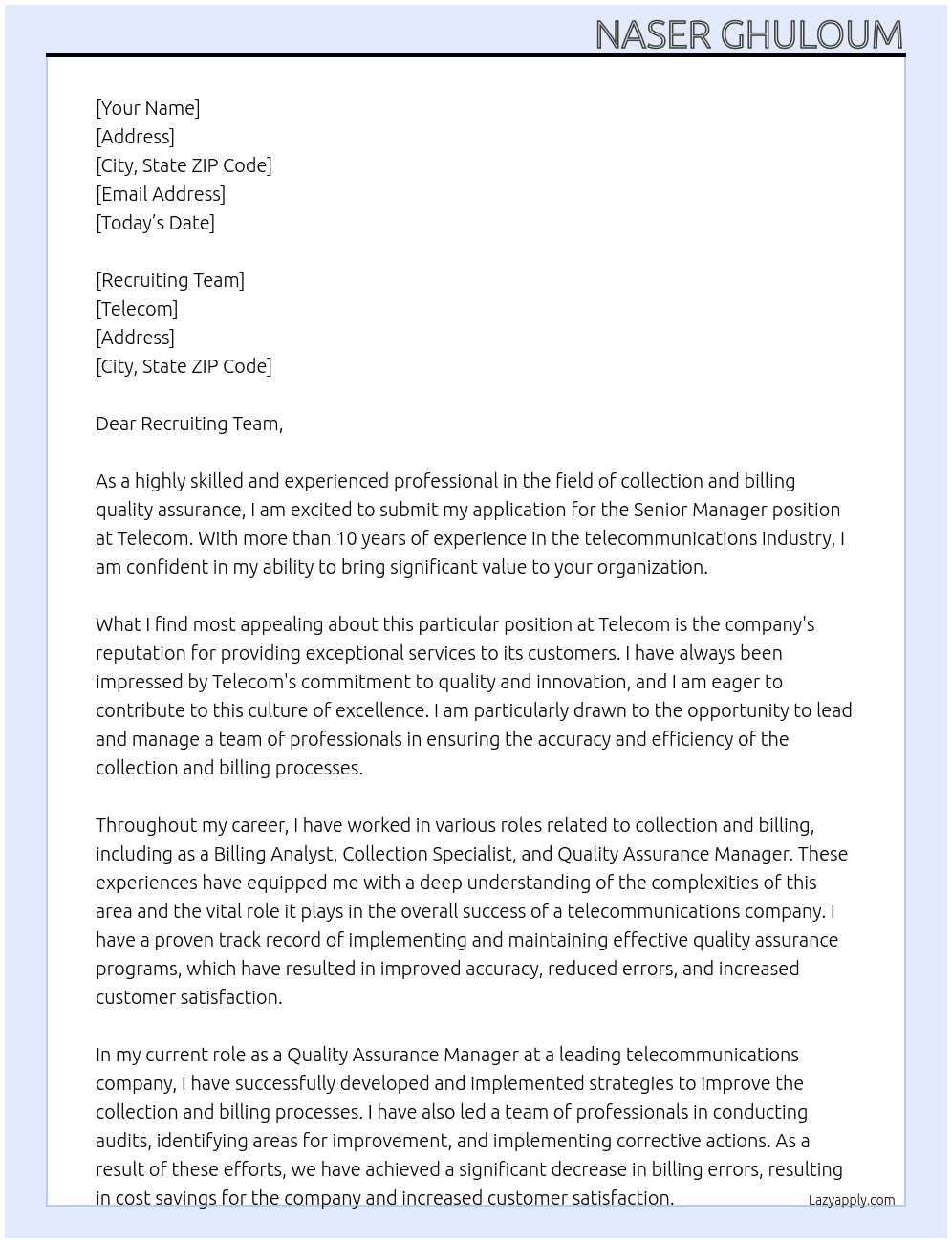 Senior Manager, Collection & Billing Quality Assurance At Telecom Cover Letter
